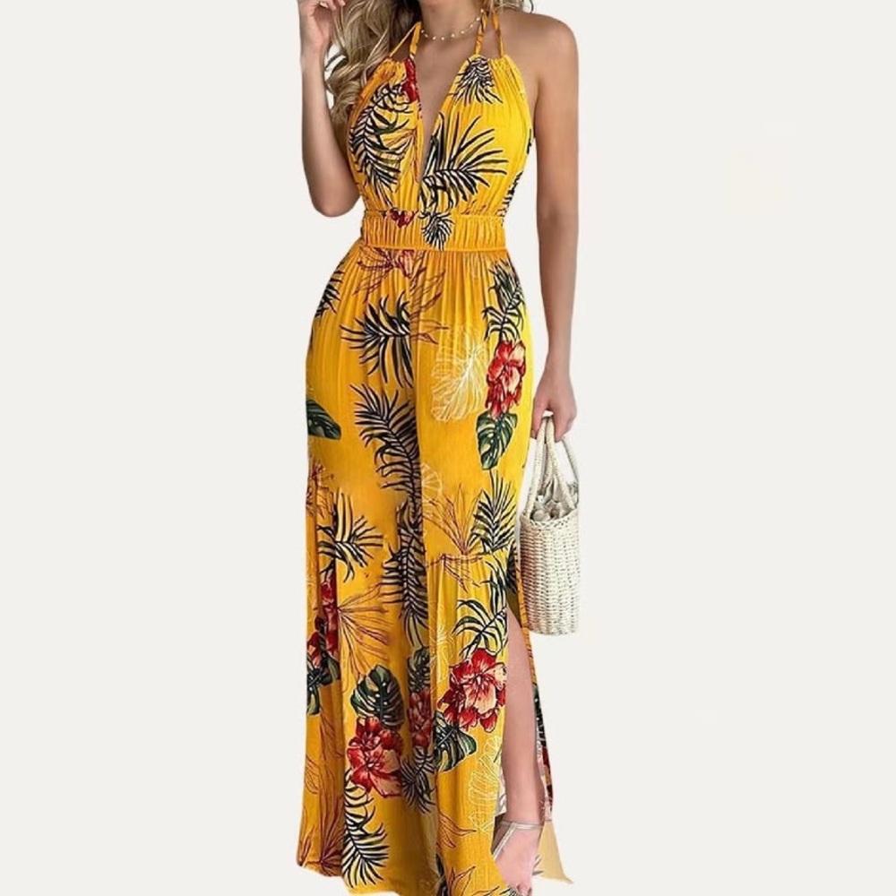 Women’s Yellow Tropical Halter Jumpsuit
